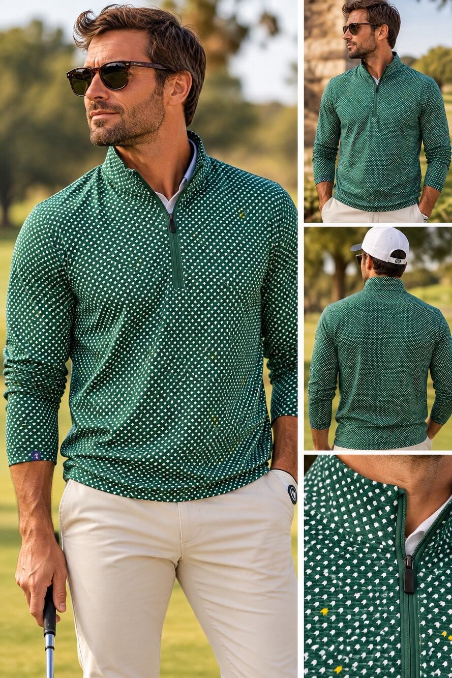 1764 Golf Mens L Green Geometric Quarter Zip Pullover Performance Stretch Shirt